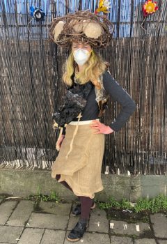 Zero Waste Daily Wear with mycelium headdress, kombucha leather vest and seaweed bustier